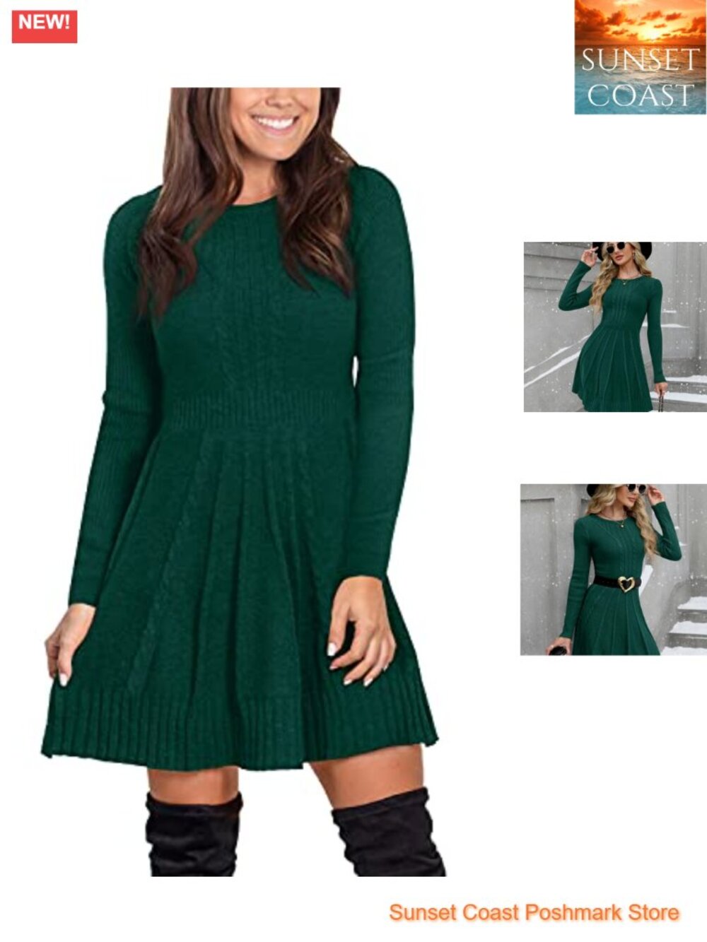 Cable Knit Sweater Dress Midi Fit & Flare Long Sleeve Crew Neck